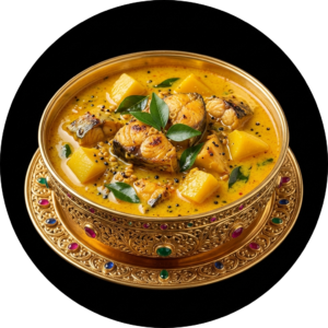 Fish mango curry in golden bowl