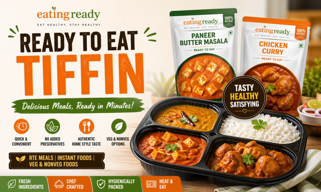 Ready to eat tiffin with paneer butter masala, rice and chicken curry meals