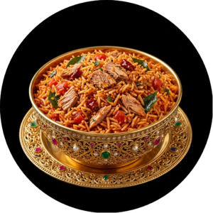 Tuna tomato rice in golden bowl