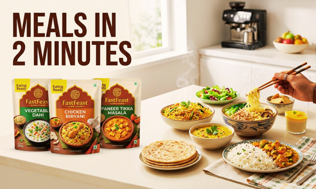 Quick meals in 2 minutes with Eating Ready ready to eat meals showing instant food packets and freshly served dishes