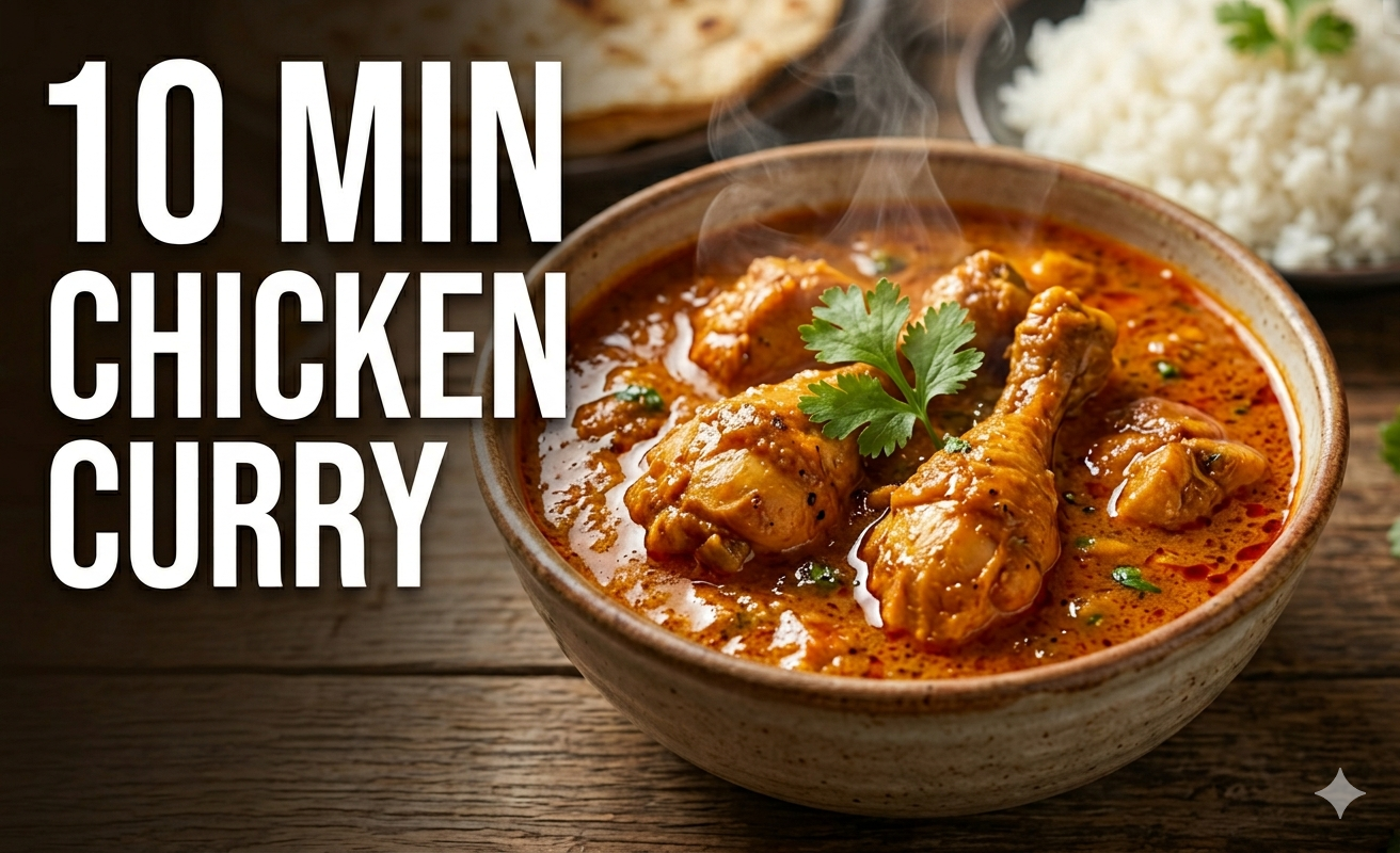 10 minute chicken curry recipe with rich gravy and juicy chicken pieces served hot with rice easy homemade chicken dish