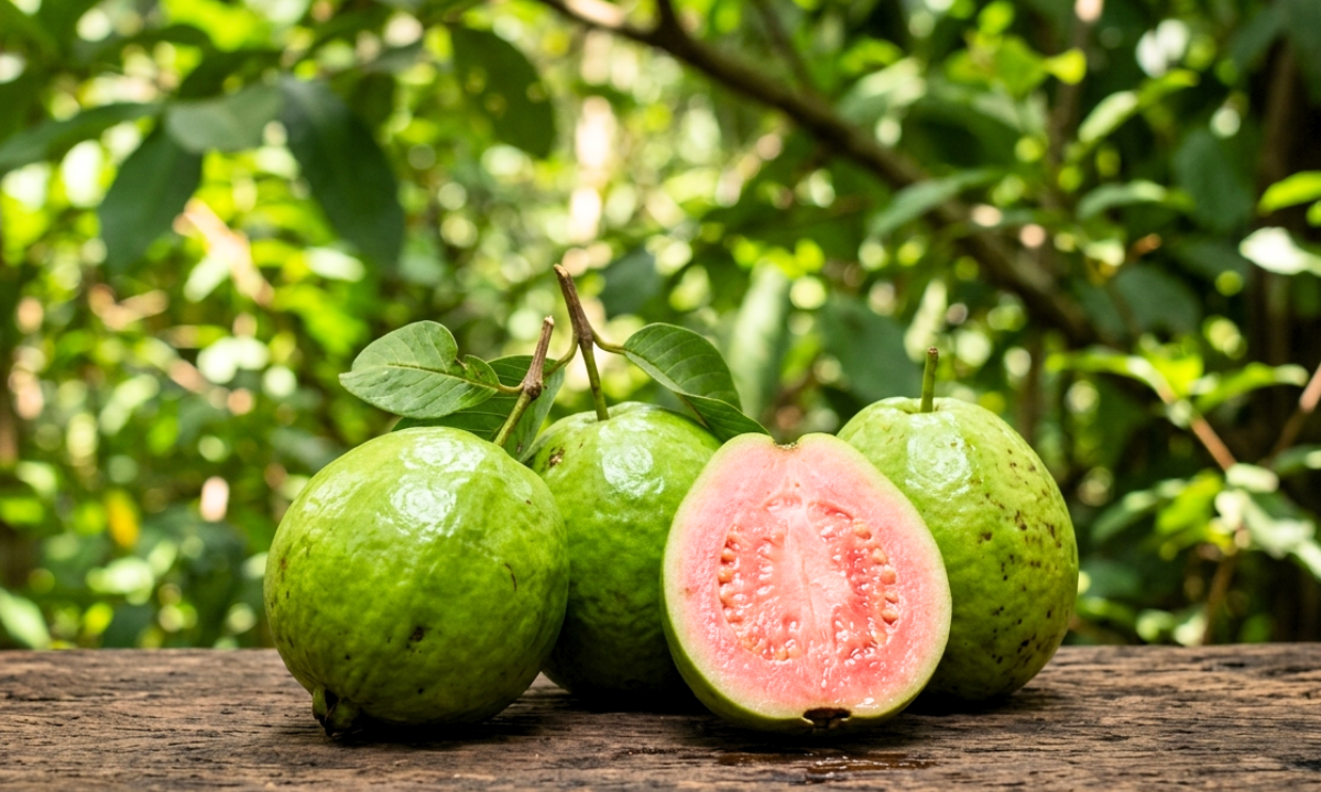 fresh pink guava fruits on wooden surface with green leaves healthy natural fruit