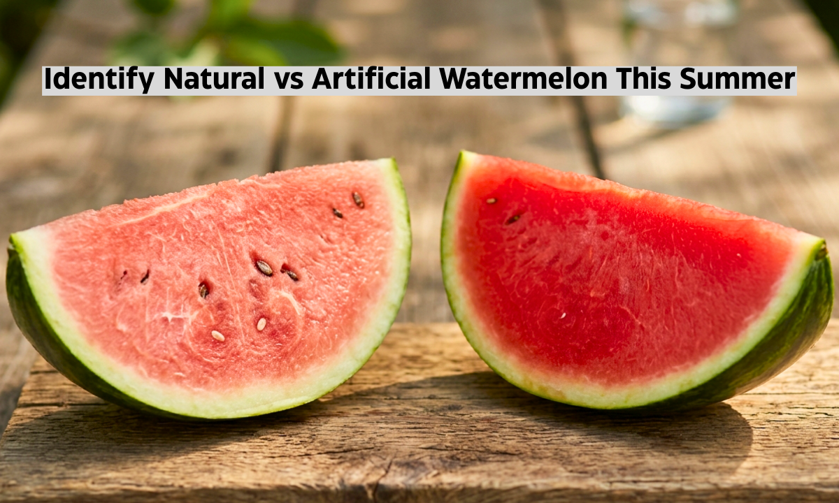 natural and artificial watermelon slices comparison on wooden surface