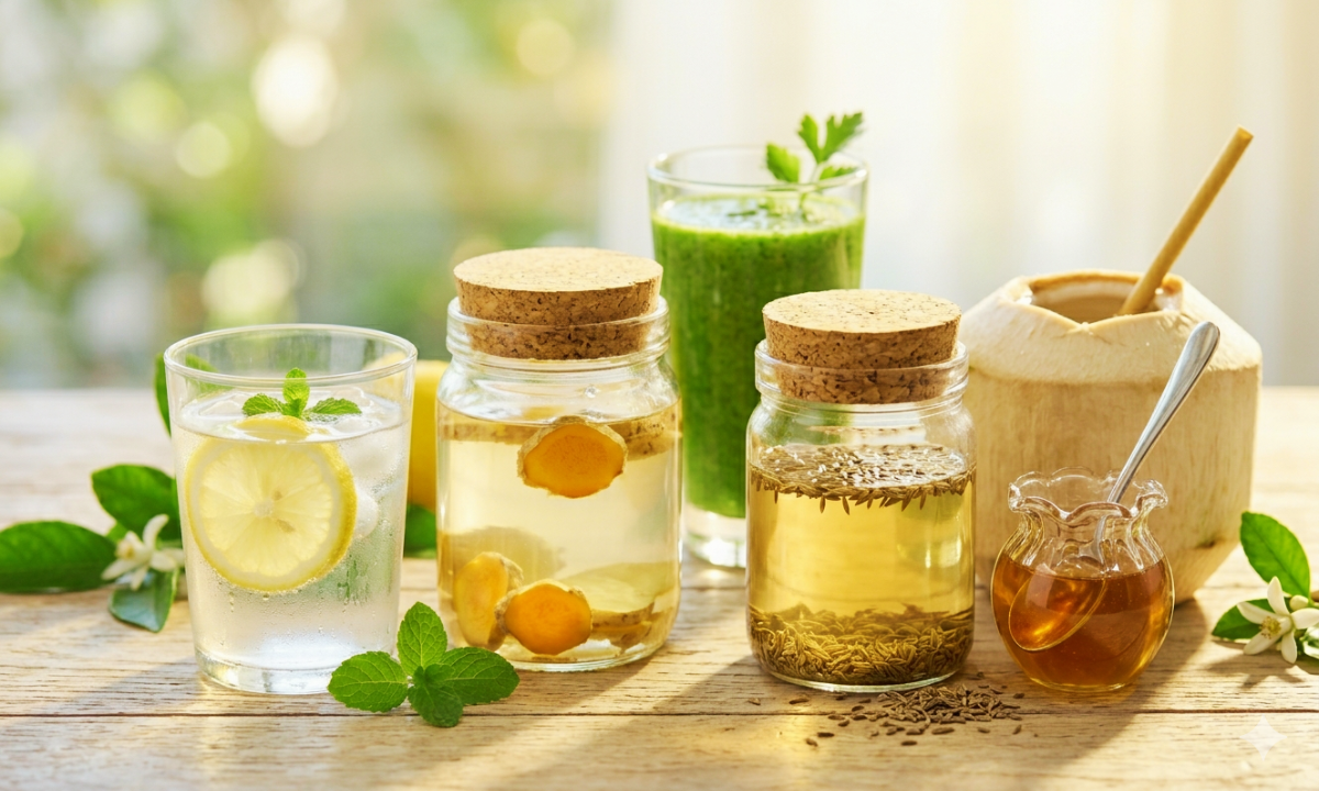 natural morning drinks like lemon water ginger water coconut water healthy options