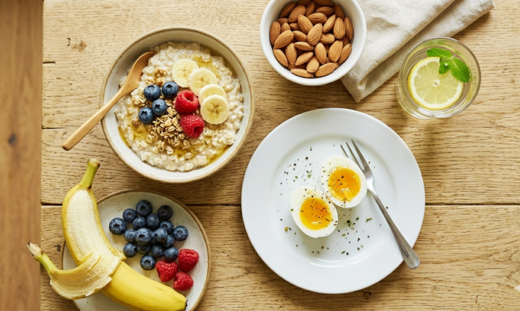 healthy morning foods like banana oats almonds eggs for energy
