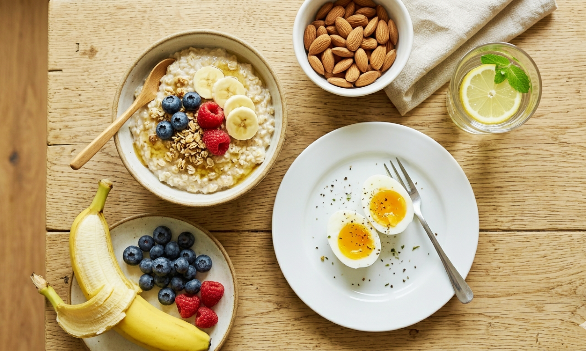 healthy morning foods like banana oats almonds eggs for energy