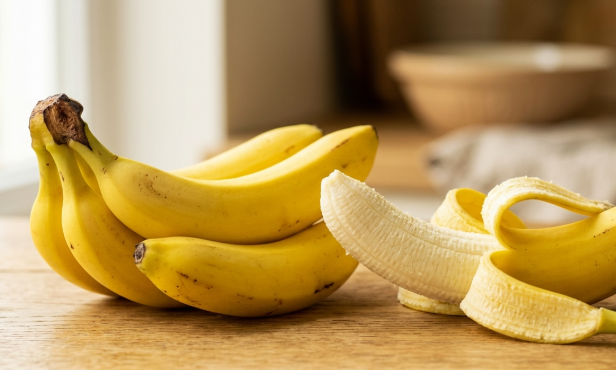 fresh ripe yellow bananas on wooden surface healthy natural fruit