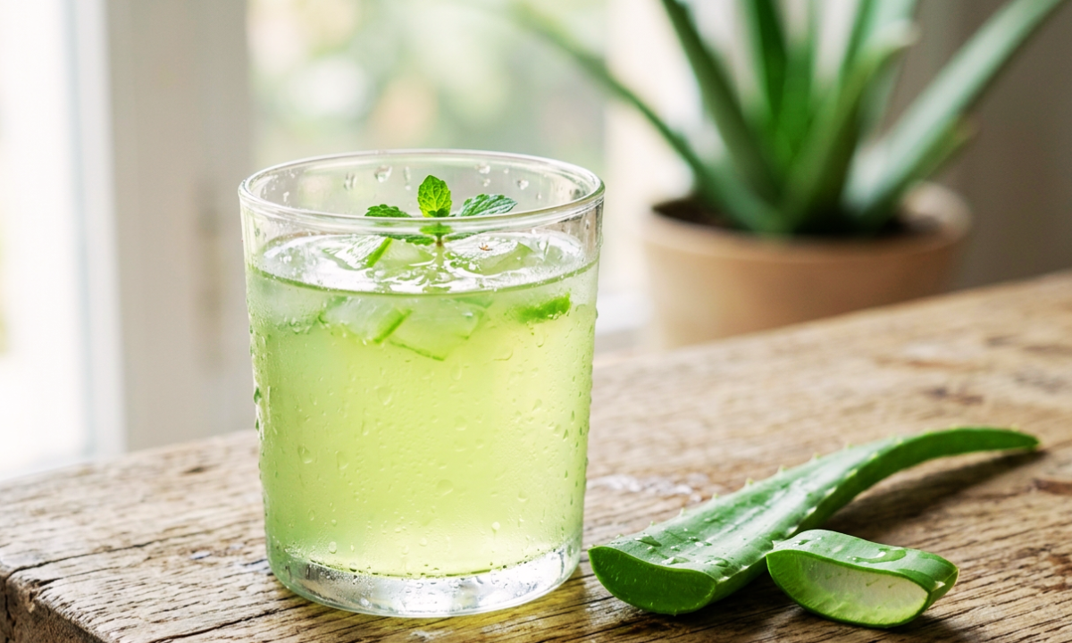 fresh aloe vera juice in glass with aloe leaves healthy drink
