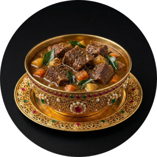 Buffalo meat stew in golden bowl