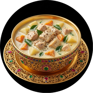 Boneless chicken stew in golden bowl
