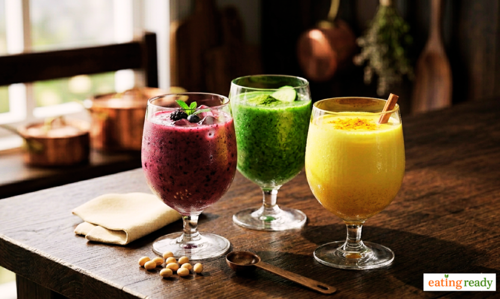 colorful natural protein drinks in glasses healthy morning beverages