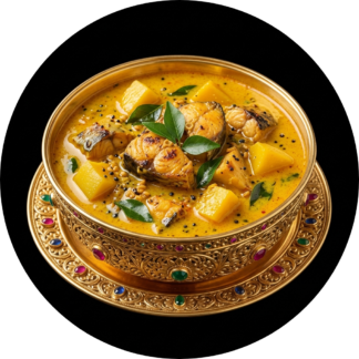 Fish mango curry in golden bowl