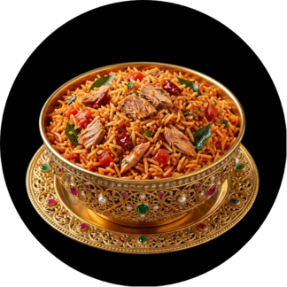 Tuna tomato rice in golden bowl