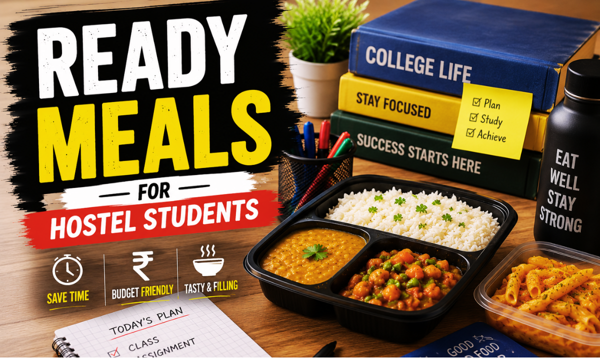 Ready meals for hostel students with study books, college desk setup, and ready-to-eat food containers on table