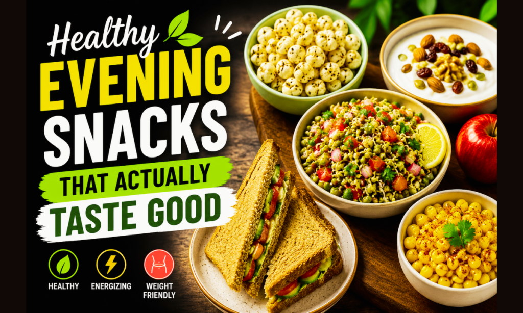 Healthy evening snacks with sprouts salad, makhana, sandwich, yogurt, and corn