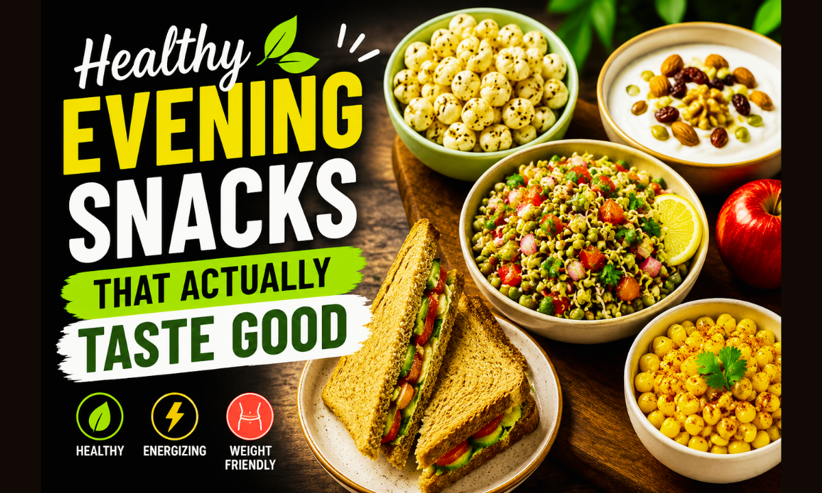 Healthy evening snacks with sprouts salad, makhana, sandwich, yogurt, and corn