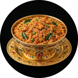 Chicken tomato rice in golden bowl