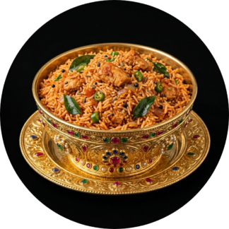 Chicken tomato rice in golden bowl